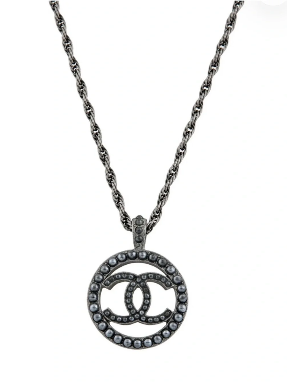 CHANEL Gunmetal CC Circle Pendant Necklace with Dark Crystals